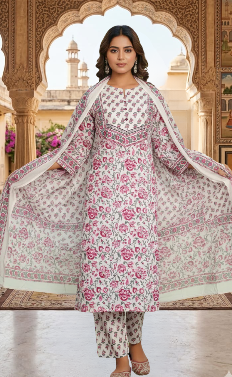 Wine Colour Floral Jaipur Cotton Kurti With Pant And Dupatta Set. Pure Versatile Cotton. | Laces and Frills
