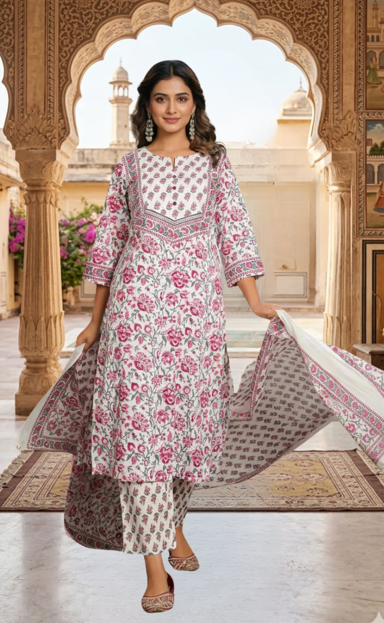Wine Colour Floral Jaipur Cotton Kurti With Pant And Dupatta Set. Pure Versatile Cotton. | Laces and Frills