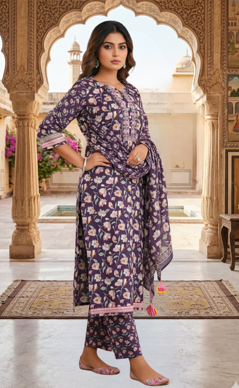 Purple Garden Jaipur Cotton Kurti With Pant And Dupatta Set. Pure Versatile Cotton. | Laces and Frills