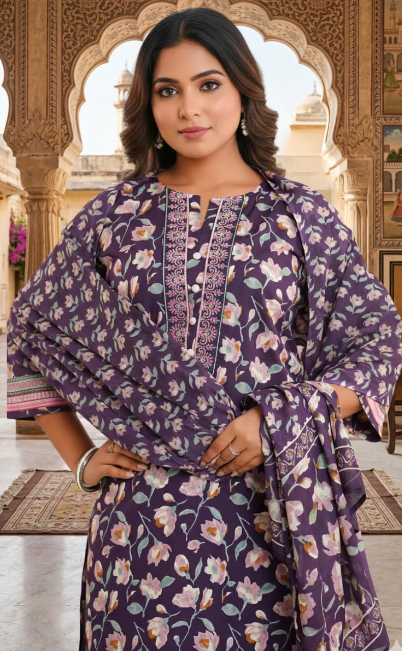 Purple Garden Jaipur Cotton Kurti With Pant And Dupatta Set. Pure Versatile Cotton. | Laces and Frills