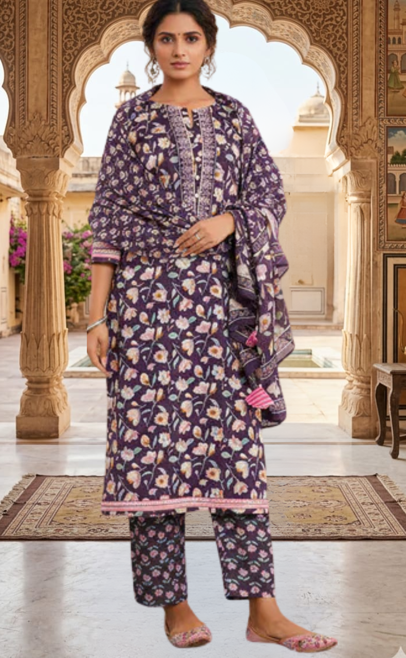 Purple Garden Jaipur Cotton Kurti With Pant And Dupatta Set. Pure Versatile Cotton. | Laces and Frills