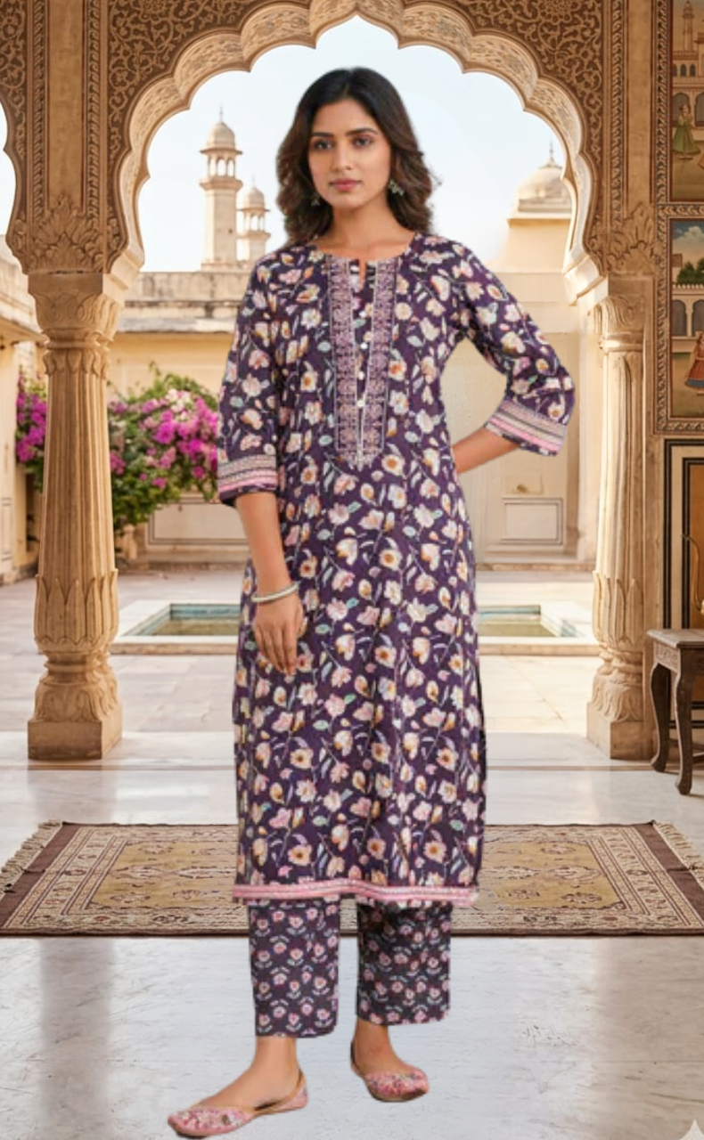 Purple Garden Jaipur Cotton Kurti With Pant And Dupatta Set. Pure Versatile Cotton. | Laces and Frills