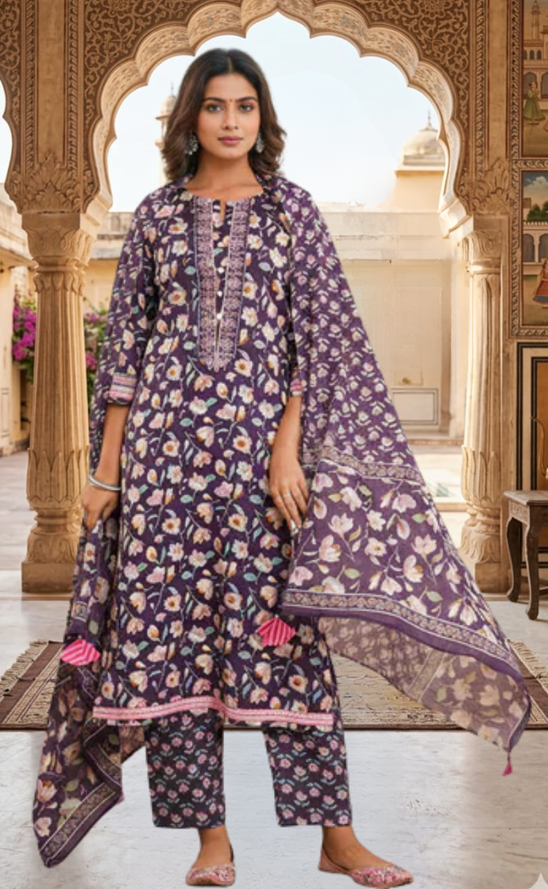 Purple Garden Jaipur Cotton Kurti With Pant And Dupatta Set. Pure Versatile Cotton. | Laces and Frills