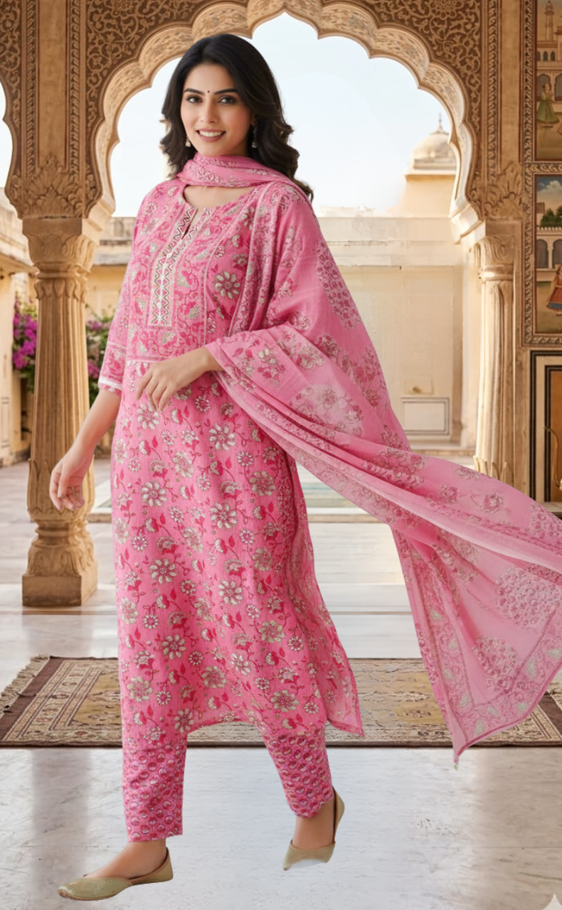 Pink Garden Jaipur Cotton Kurti With Pant And Dupatta Set. Pure Versatile Cotton. | Laces and Frills