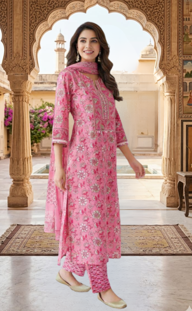 Pink Garden Jaipur Cotton Kurti With Pant And Dupatta Set. Pure Versatile Cotton. | Laces and Frills