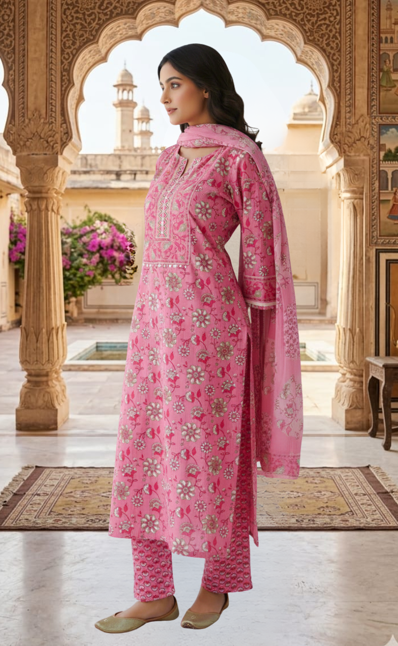Pink Garden Jaipur Cotton Kurti With Pant And Dupatta Set. Pure Versatile Cotton. | Laces and Frills