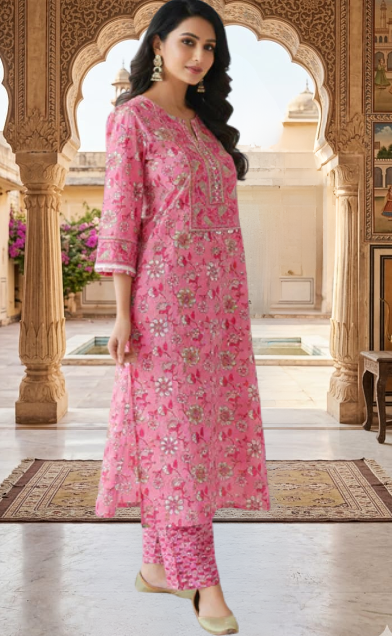Pink Garden Jaipur Cotton Kurti With Pant And Dupatta Set. Pure Versatile Cotton. | Laces and Frills