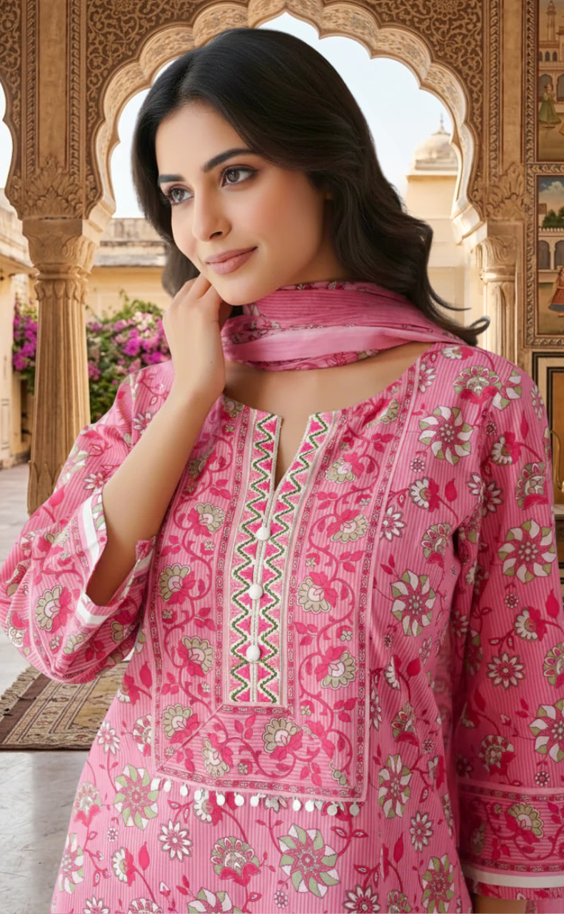 Pink Garden Jaipur Cotton Kurti With Pant And Dupatta Set. Pure Versatile Cotton. | Laces and Frills