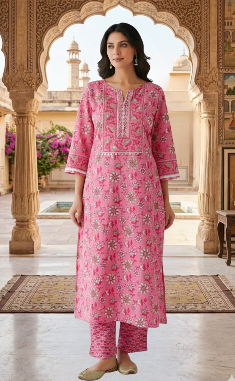 Pink Garden Jaipur Cotton Kurti With Pant And Dupatta Set. Pure Versatile Cotton. | Laces and Frills
