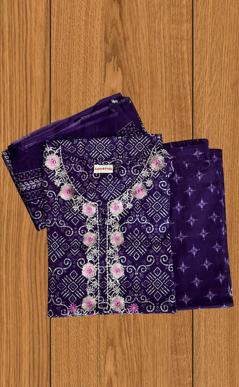 Violet Abstract Jaipur Cotton Kurti With Pant And Dupatta Set. Pure Versatile Cotton. | Laces and Frills