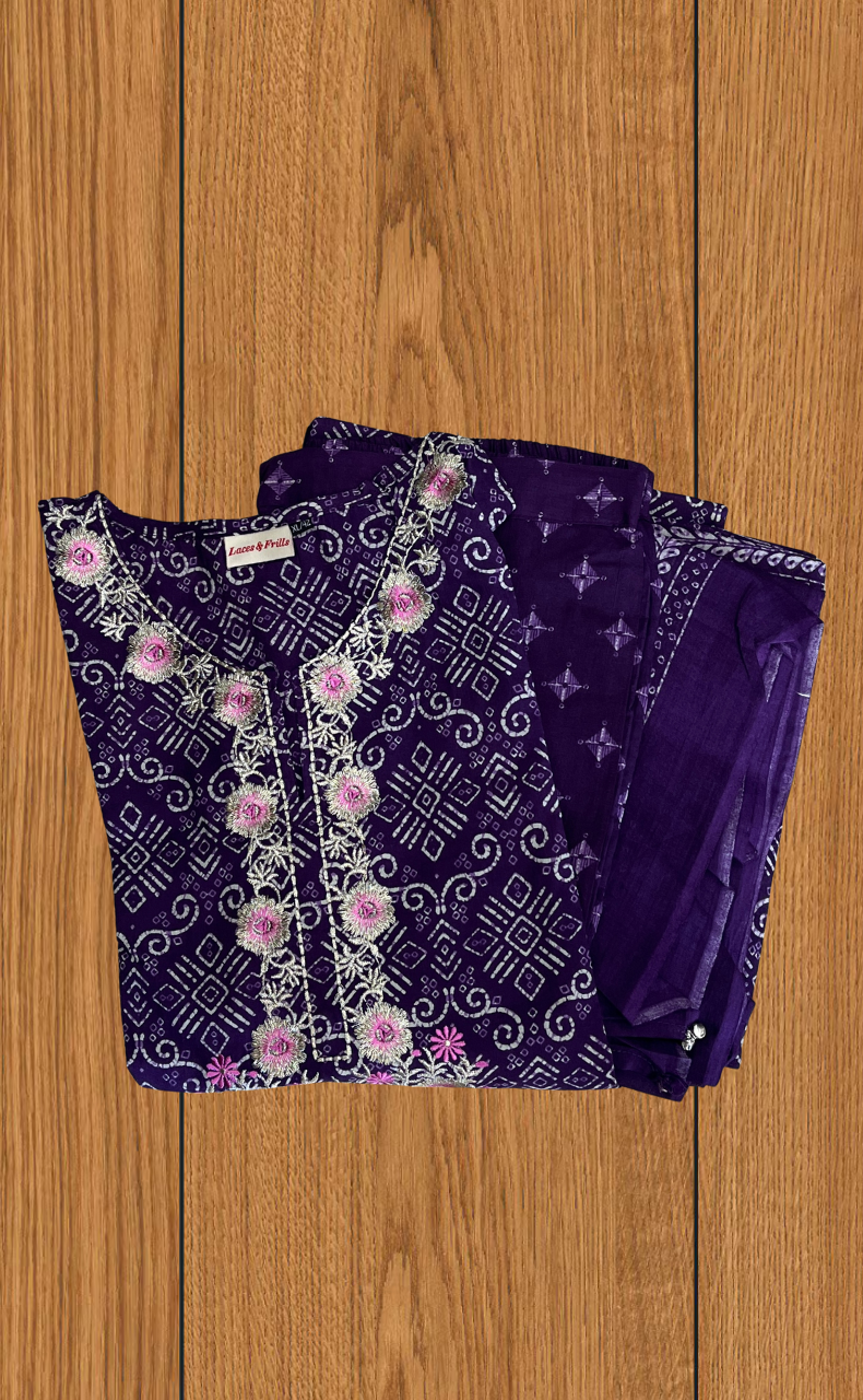 Violet Abstract Jaipur Cotton Kurti With Pant And Dupatta Set. Pure Versatile Cotton. | Laces and Frills