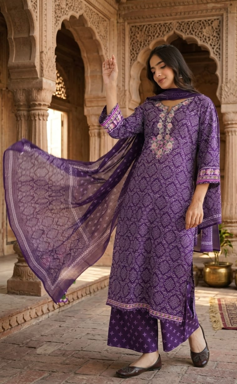 Violet Abstract Jaipur Cotton Kurti With Pant And Dupatta Set. Pure Versatile Cotton. | Laces and Frills