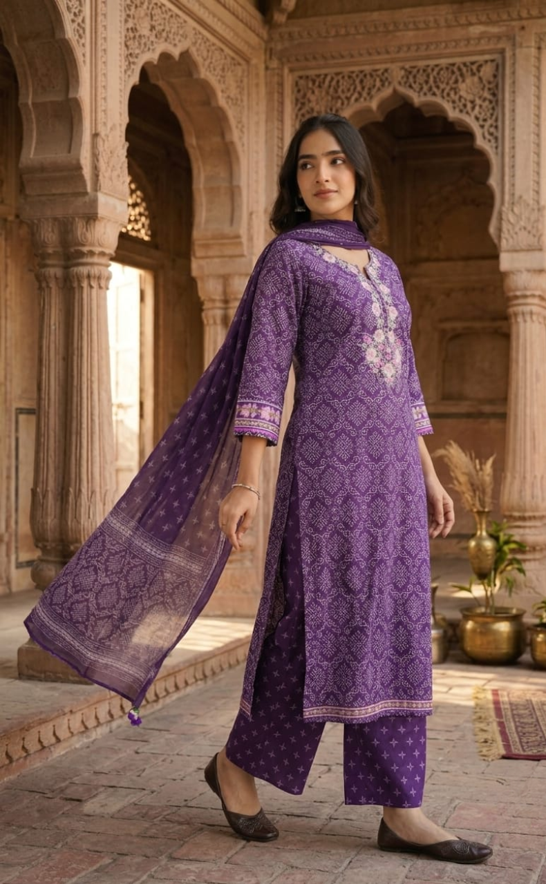 Violet Abstract Jaipur Cotton Kurti With Pant And Dupatta Set. Pure Versatile Cotton. | Laces and Frills