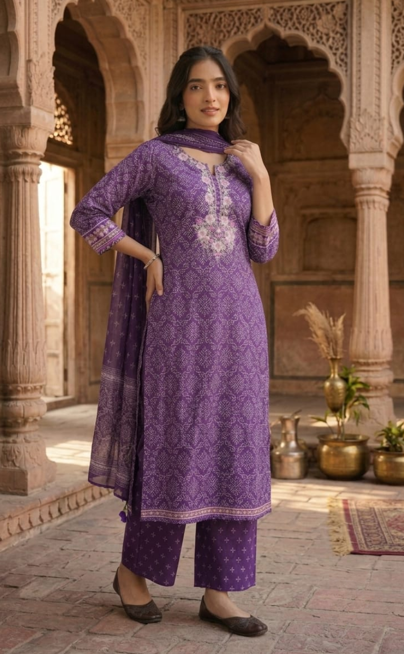 Violet Abstract Jaipur Cotton Kurti With Pant And Dupatta Set. Pure Versatile Cotton. | Laces and Frills