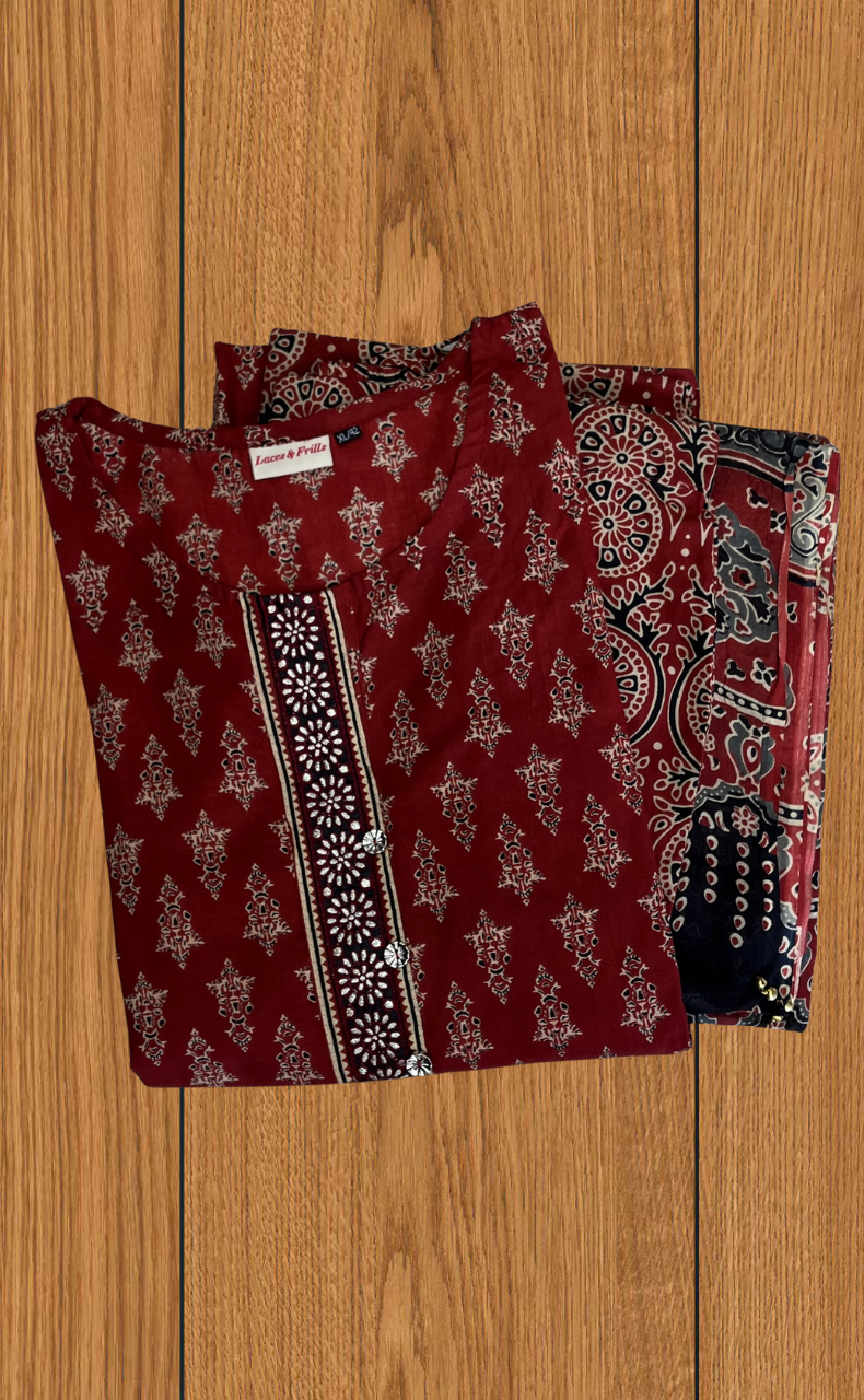 Maroon Ethnic Print Jaipur Cotton Kurti With Pant And Dupatta Set. Pure Versatile Cotton. | Laces and Frills