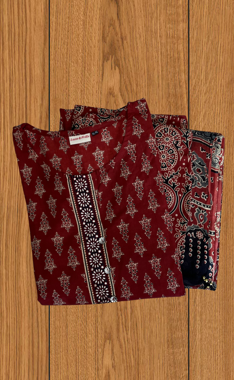 Maroon Ethnic Print Jaipur Cotton Kurti With Pant And Dupatta Set. Pure Versatile Cotton. | Laces and Frills