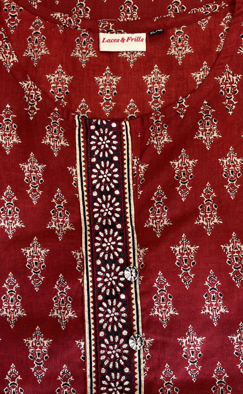 Maroon Ethnic Print Jaipur Cotton Kurti With Pant And Dupatta Set. Pure Versatile Cotton. | Laces and Frills