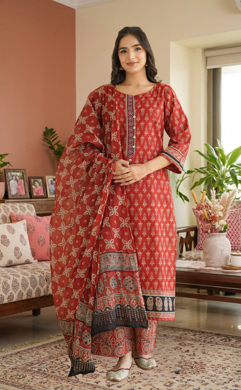 Maroon Ethnic Print Jaipur Cotton Kurti With Pant And Dupatta Set. Pure Versatile Cotton. | Laces and Frills