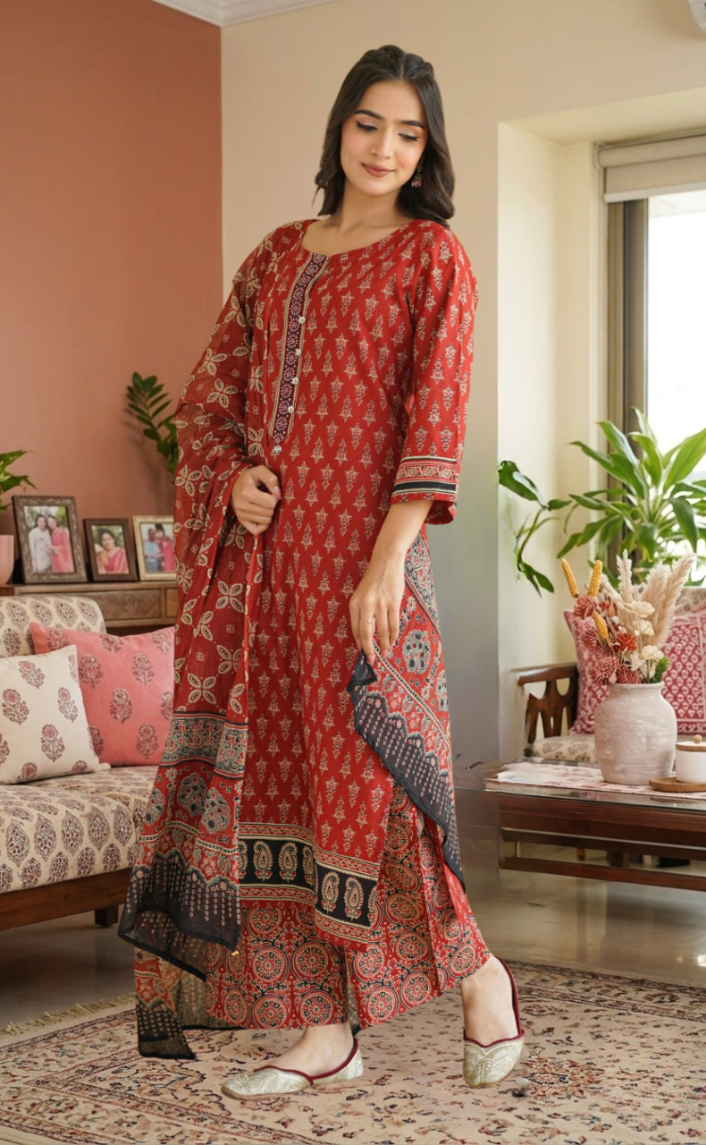 Maroon Ethnic Print Jaipur Cotton Kurti With Pant And Dupatta Set. Pure Versatile Cotton. | Laces and Frills