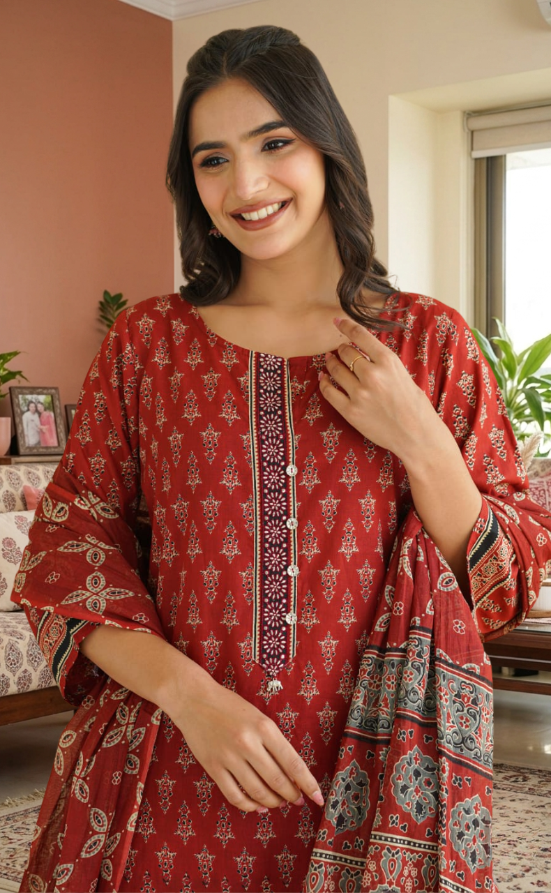 Maroon Ethnic Print Jaipur Cotton Kurti With Pant And Dupatta Set. Pure Versatile Cotton. | Laces and Frills