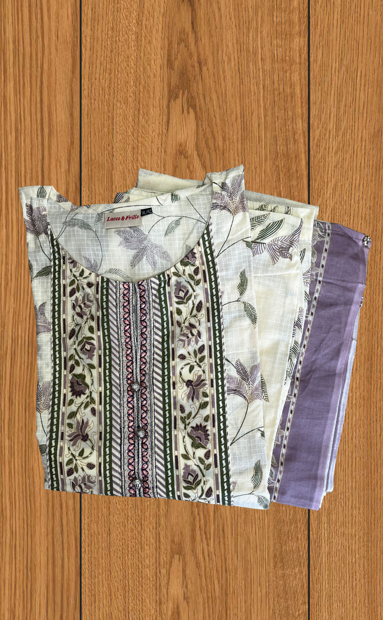 Purple Floral Jaipur Cotton Kurti With Pant And Dupatta Set. Pure Versatile Cotton. | Laces and Frills
