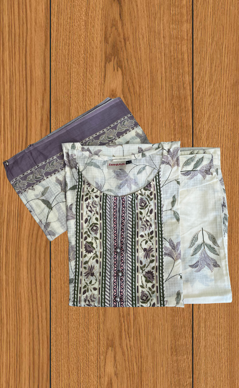 Purple Floral Jaipur Cotton Kurti With Pant And Dupatta Set. Pure Versatile Cotton. | Laces and Frills