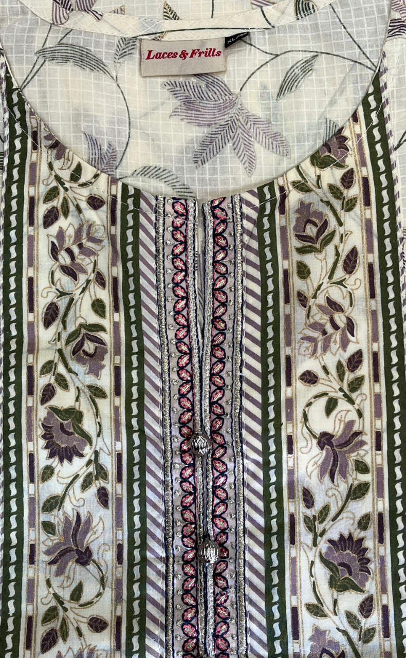 Purple Floral Jaipur Cotton Kurti With Pant And Dupatta Set. Pure Versatile Cotton. | Laces and Frills