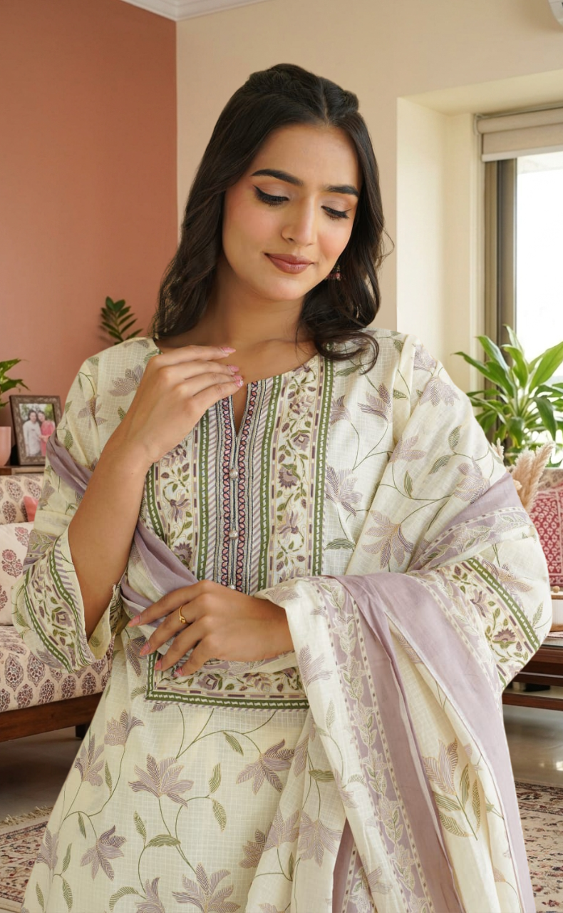 Purple Floral Jaipur Cotton Kurti With Pant And Dupatta Set. Pure Versatile Cotton. | Laces and Frills