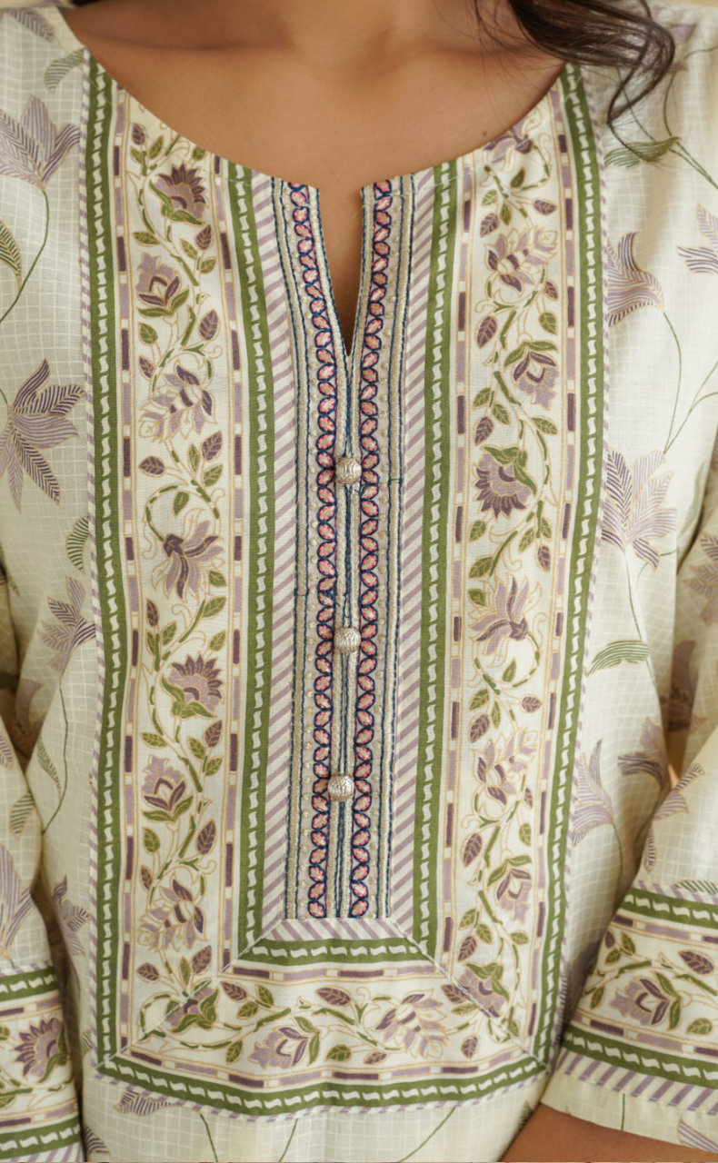 Purple Floral Jaipur Cotton Kurti With Pant And Dupatta Set. Pure Versatile Cotton. | Laces and Frills