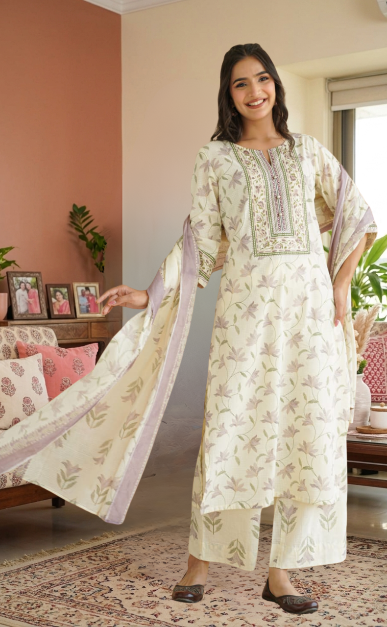 Purple Floral Jaipur Cotton Kurti With Pant And Dupatta Set. Pure Versatile Cotton. | Laces and Frills