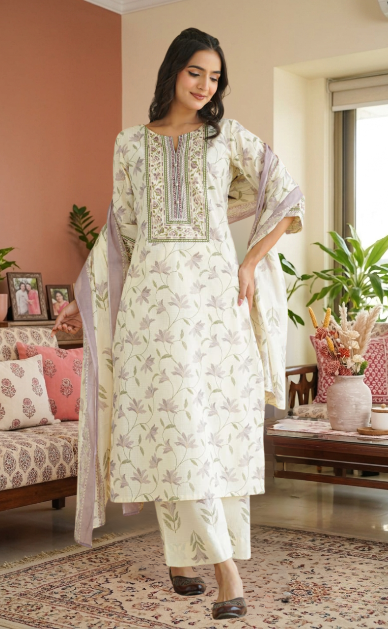 Purple Floral Jaipur Cotton Kurti With Pant And Dupatta Set. Pure Versatile Cotton. | Laces and Frills