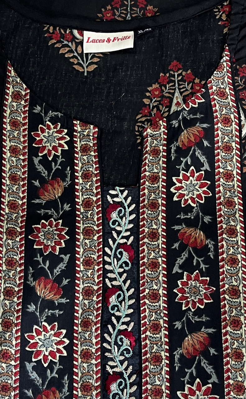 Black Floral Jaipur Cotton Kurti With Pant And Dupatta Set. Pure Versatile Cotton. | Laces and Frills