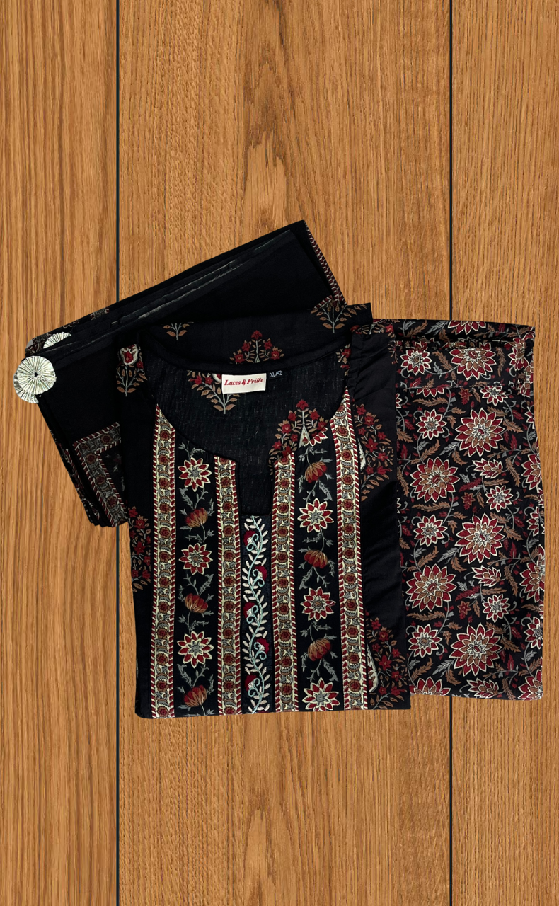 Black Floral Jaipur Cotton Kurti With Pant And Dupatta Set. Pure Versatile Cotton. | Laces and Frills