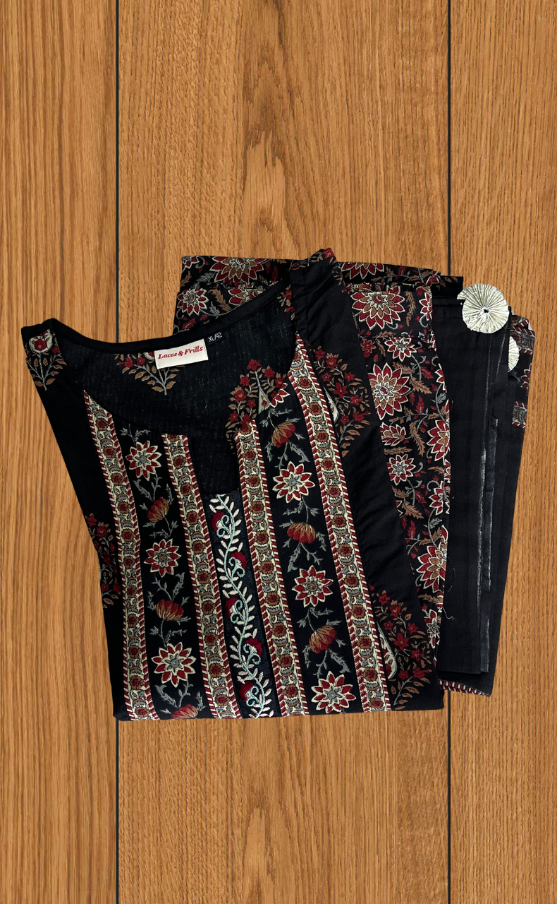 Black Floral Jaipur Cotton Kurti With Pant And Dupatta Set. Pure Versatile Cotton. | Laces and Frills