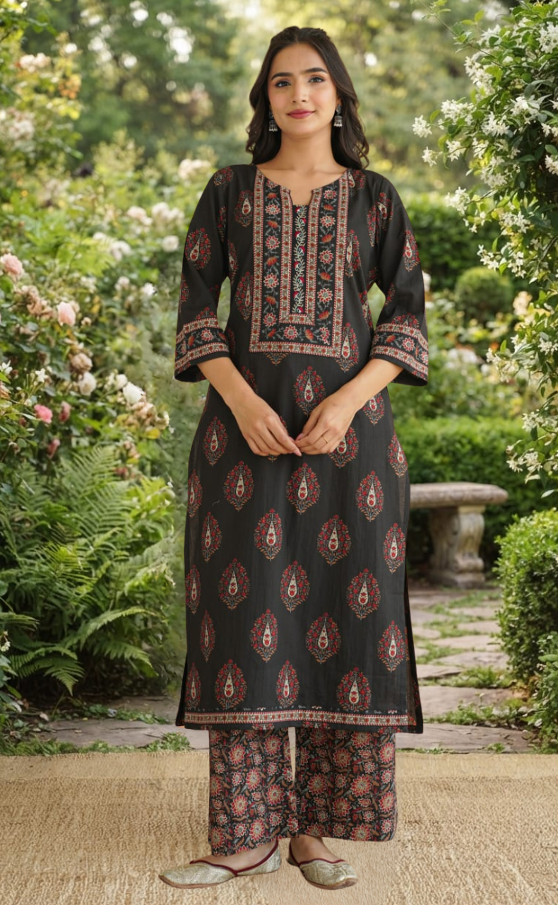 Black Floral Jaipur Cotton Kurti With Pant And Dupatta Set. Pure Versatile Cotton. | Laces and Frills