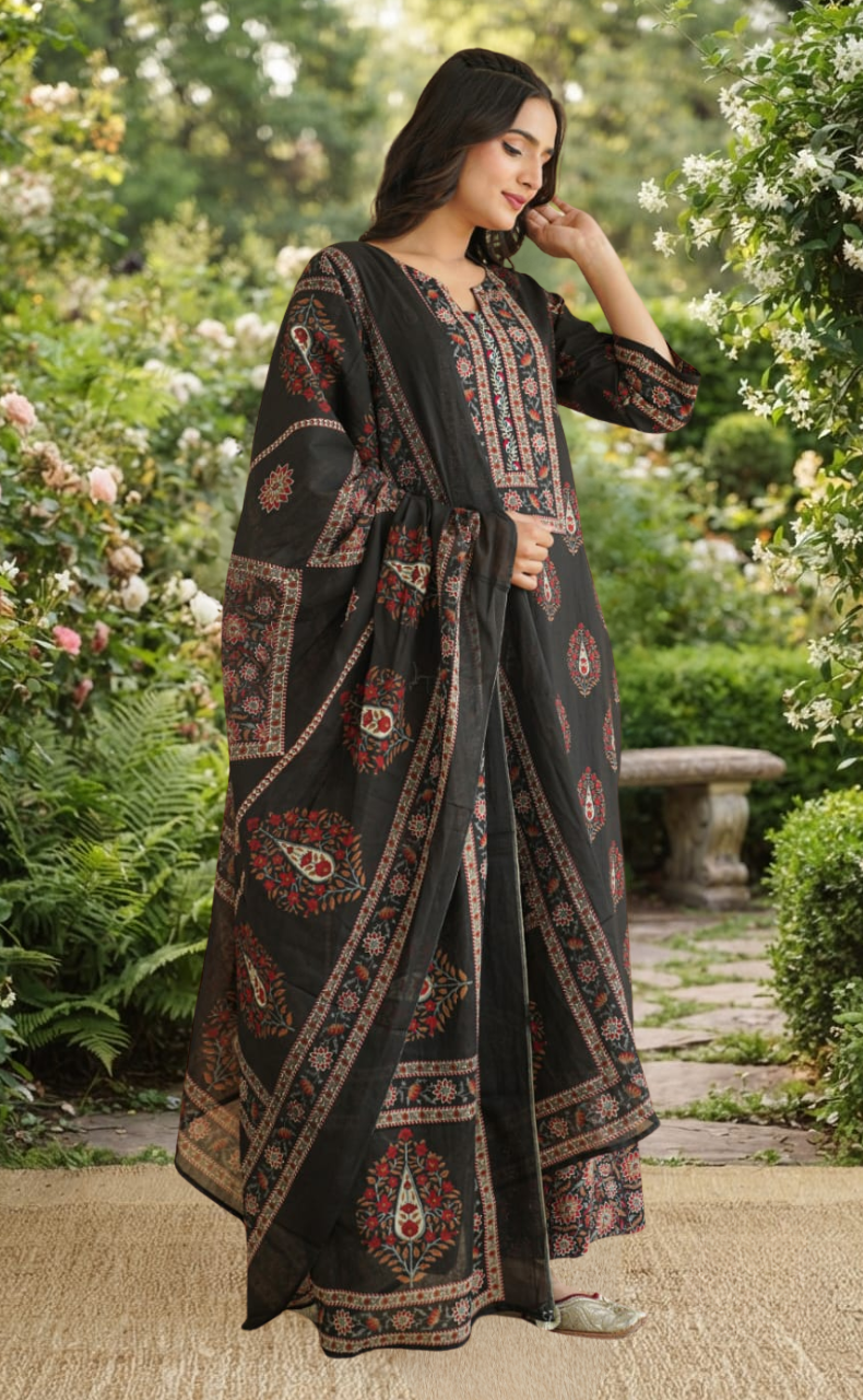 Black Floral Jaipur Cotton Kurti With Pant And Dupatta Set. Pure Versatile Cotton. | Laces and Frills