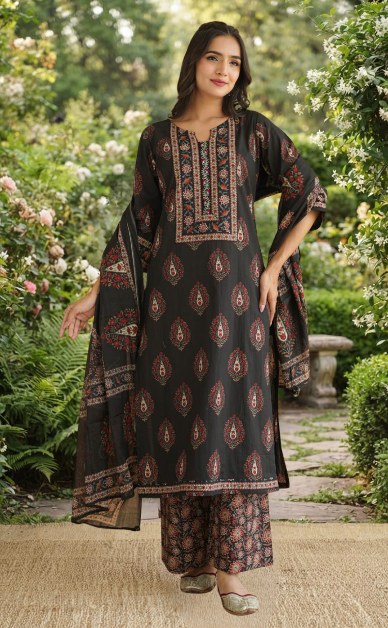 Black Floral Jaipur Cotton Kurti With Pant And Dupatta Set. Pure Versatile Cotton. | Laces and Frills