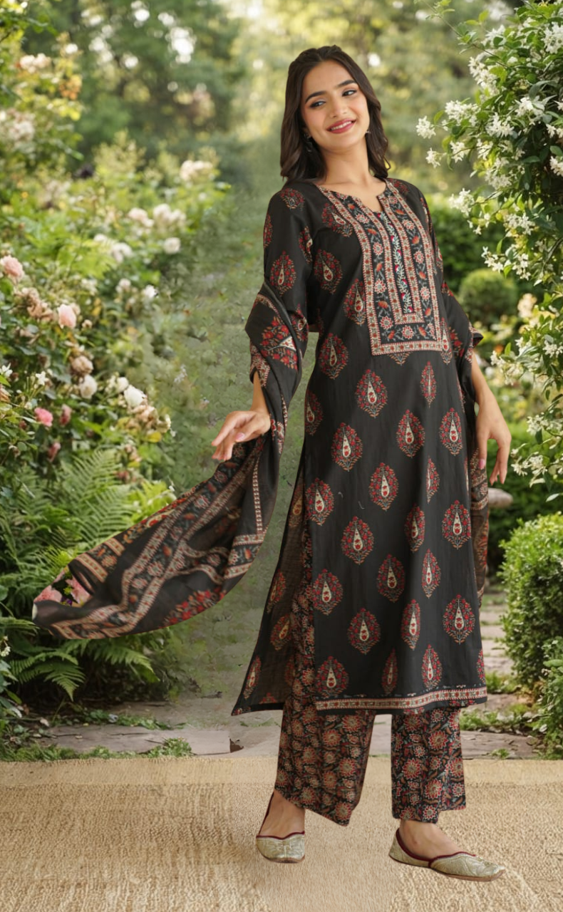 Black Floral Jaipur Cotton Kurti With Pant And Dupatta Set. Pure Versatile Cotton. | Laces and Frills