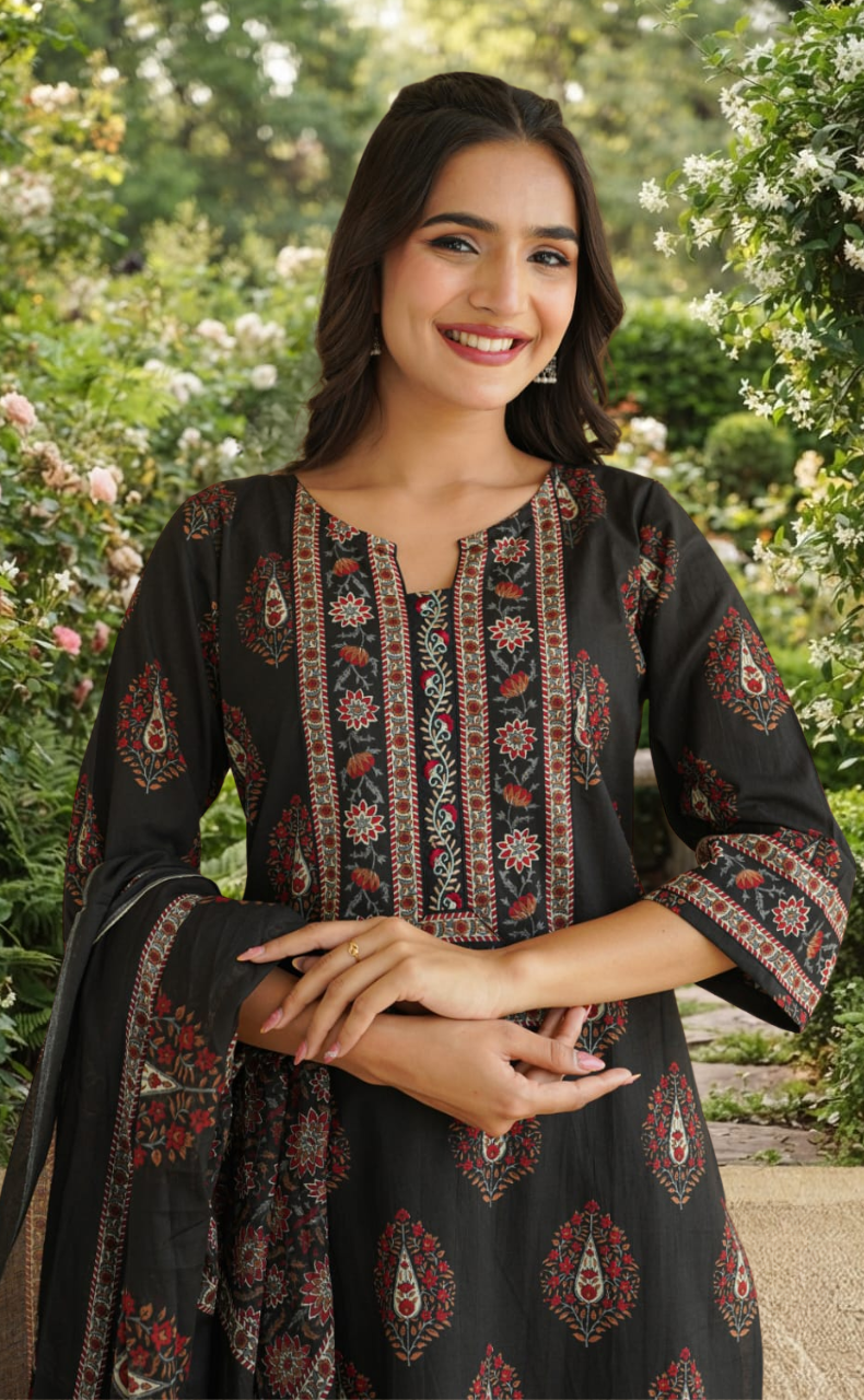 Black Floral Jaipur Cotton Kurti With Pant And Dupatta Set. Pure Versatile Cotton. | Laces and Frills