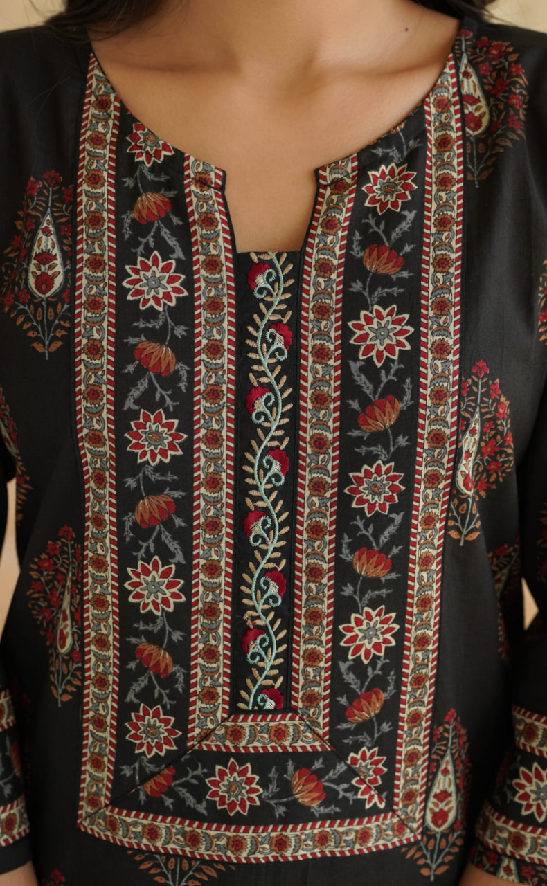 Black Floral Jaipur Cotton Kurti With Pant And Dupatta Set. Pure Versatile Cotton. | Laces and Frills