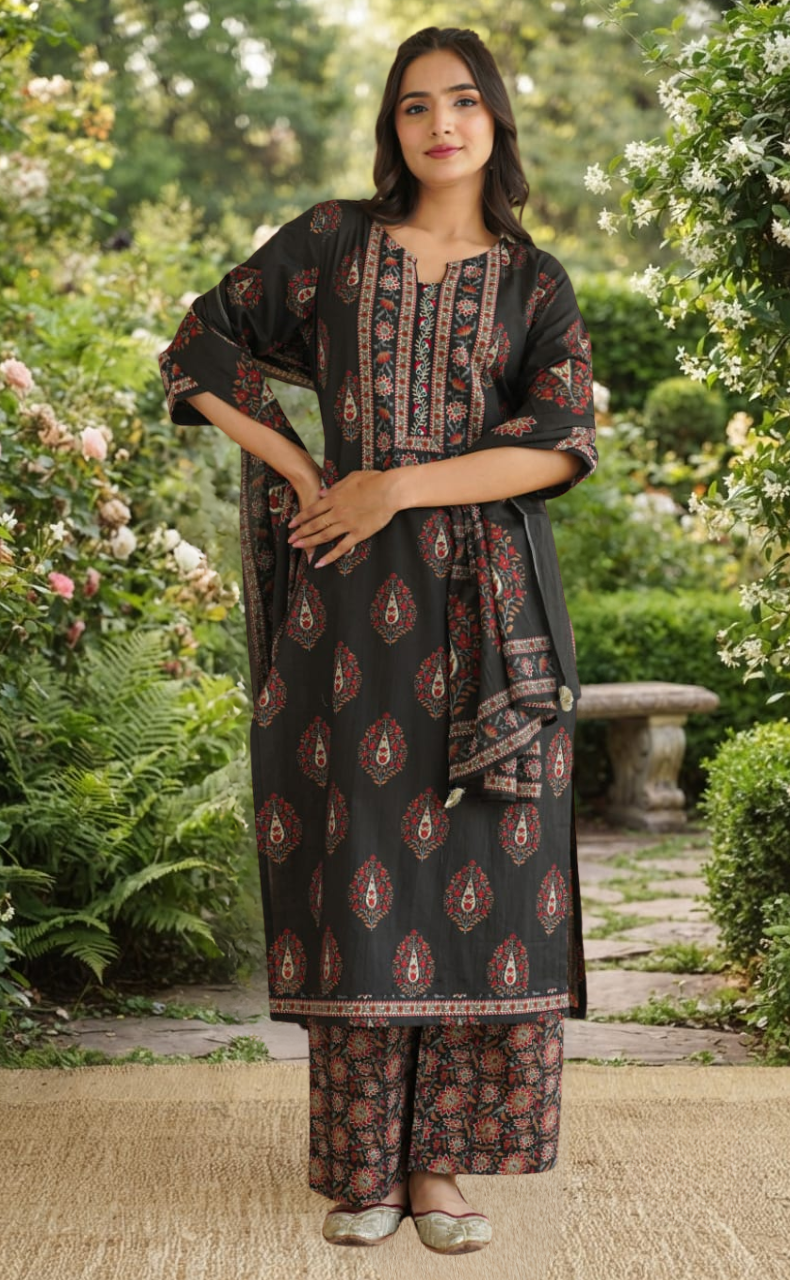 Black Floral Jaipur Cotton Kurti With Pant And Dupatta Set. Pure Versatile Cotton. | Laces and Frills