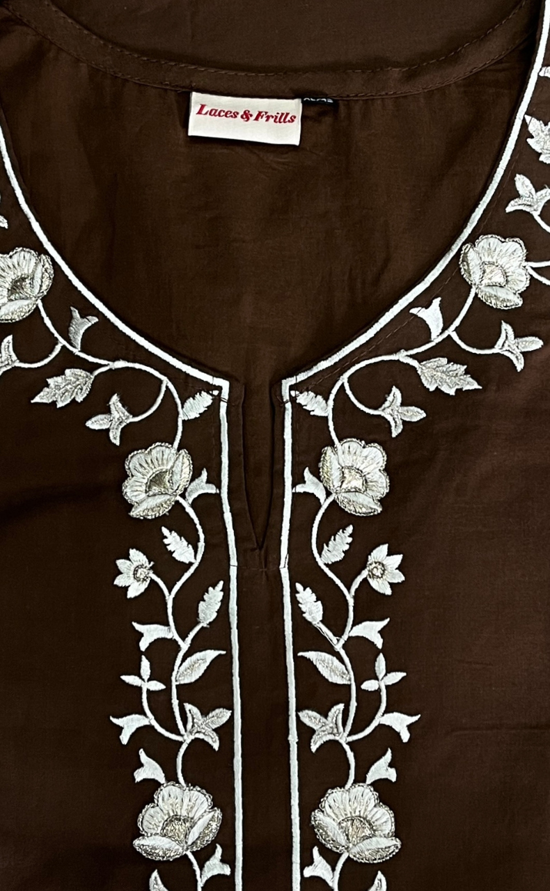 Brown Floral Jaipur Cotton Kurti With Pant And Dupatta Set. Pure Versatile Cotton. | Laces and Frills