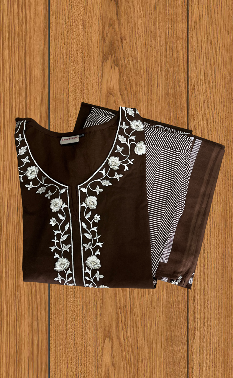 Brown Floral Jaipur Cotton Kurti With Pant And Dupatta Set. Pure Versatile Cotton. | Laces and Frills