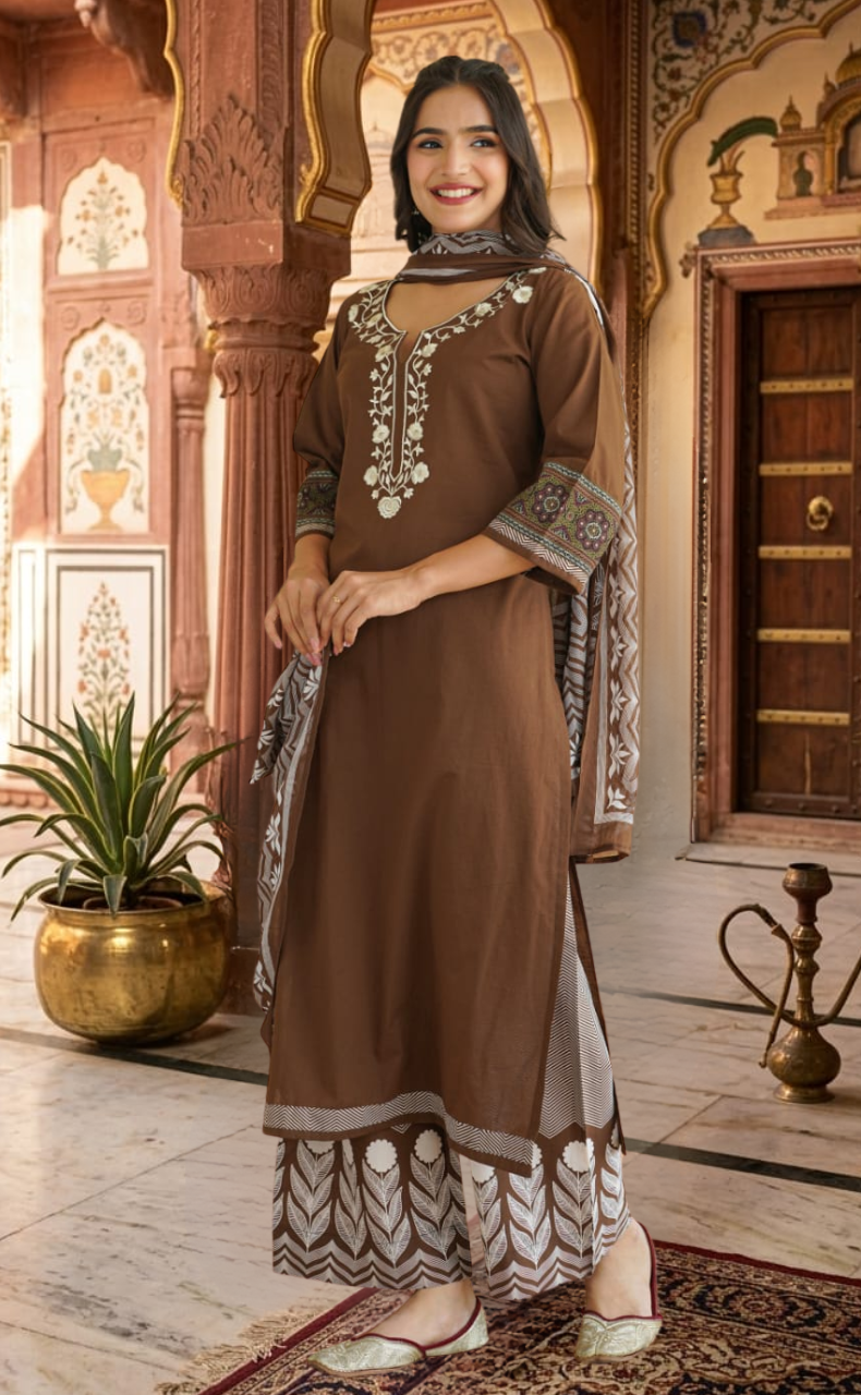 Brown Floral Jaipur Cotton Kurti With Pant And Dupatta Set. Pure Versatile Cotton. | Laces and Frills