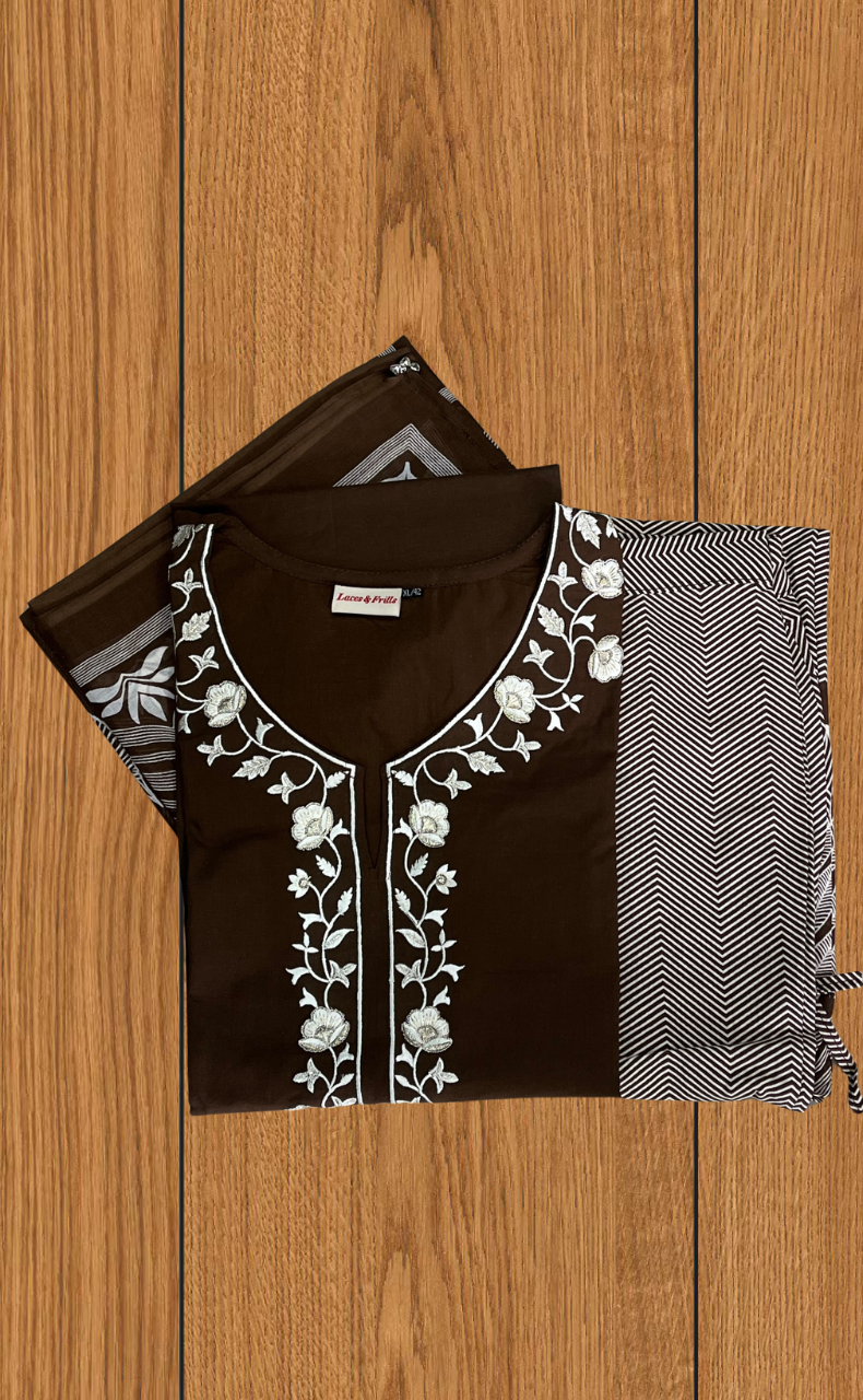 Brown Floral Jaipur Cotton Kurti With Pant And Dupatta Set. Pure Versatile Cotton. | Laces and Frills