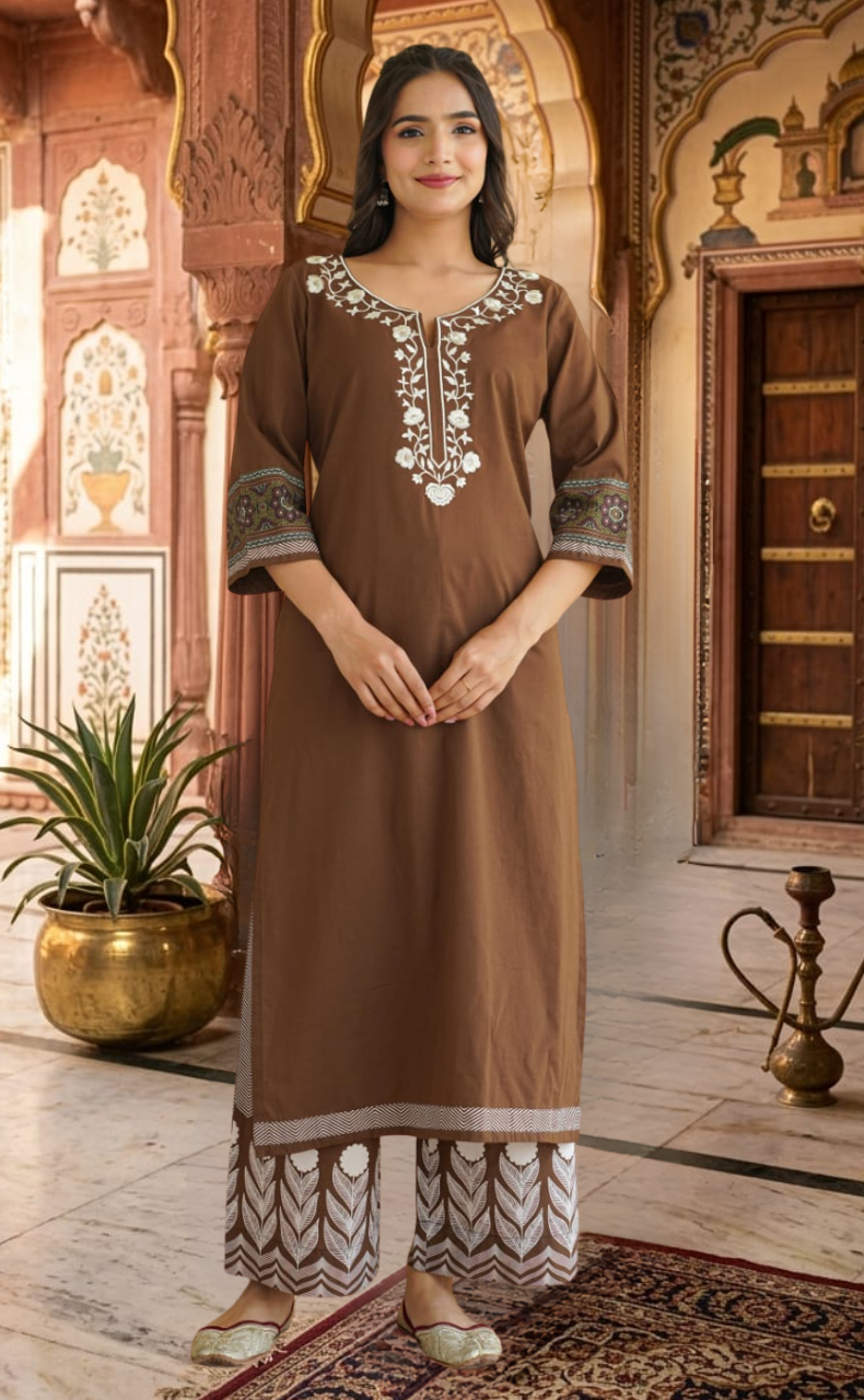 Brown Floral Jaipur Cotton Kurti With Pant And Dupatta Set. Pure Versatile Cotton. | Laces and Frills