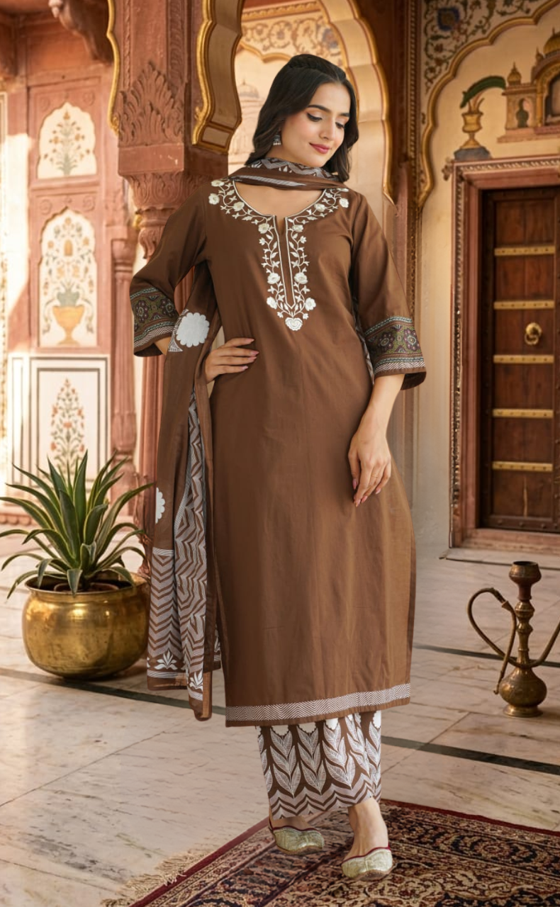 Brown Floral Jaipur Cotton Kurti With Pant And Dupatta Set. Pure Versatile Cotton. | Laces and Frills