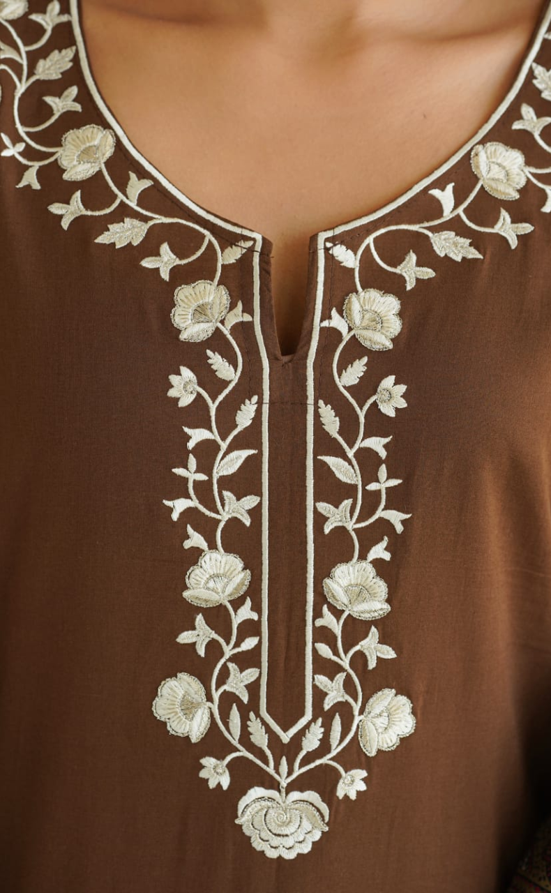 Brown Floral Jaipur Cotton Kurti With Pant And Dupatta Set. Pure Versatile Cotton. | Laces and Frills