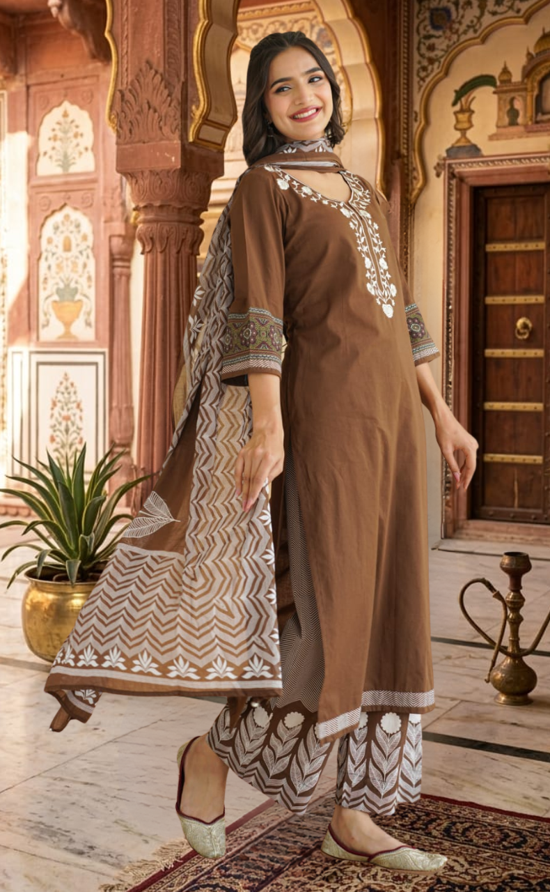 Brown Floral Jaipur Cotton Kurti With Pant And Dupatta Set. Pure Versatile Cotton. | Laces and Frills