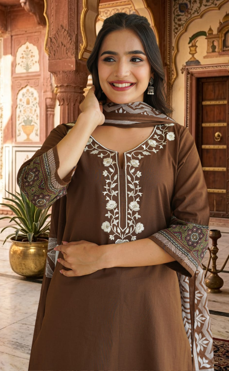Brown Floral Jaipur Cotton Kurti With Pant And Dupatta Set. Pure Versatile Cotton. | Laces and Frills
